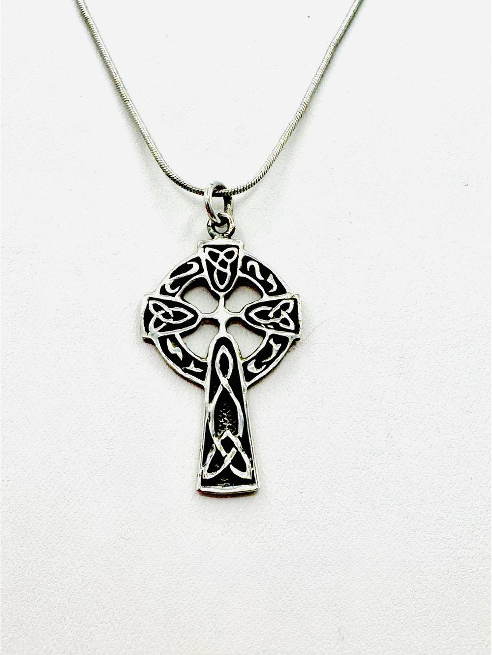 Rare vintage signed Solvar sterling silver Celtic cross on sterling snake chain